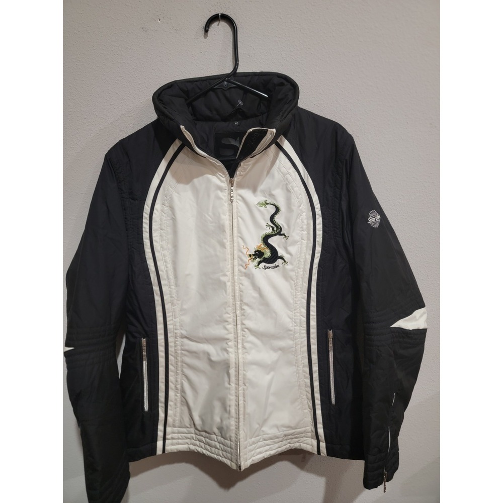 Sportalm Women'sโ Black White Ski Jacket Parka Embroidered Dragon Full Zip Sz 40